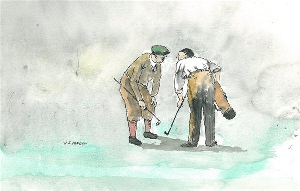 ORIGINAL WATERCOLOR BY V.S. ADDISON OF 2 EARLY GOLFERS IN COLOR DISCUSSING A RULES ISSUE