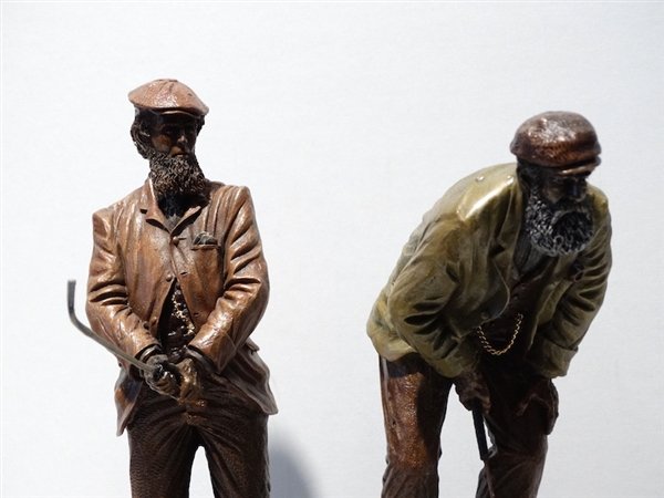 Old Tom Morris and Willie Park Sr. Sculpture Titled, "Reading the Green" by Michael Roche, Dimensions 11.5" High, Base 7" X 11"