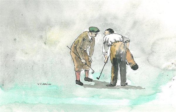 ORIGINAL WATERCOLOR BY V.S. ADDISON OF 2 EARLY GOLFERS IN COLOR DISCUSSING A RULES ISSUE