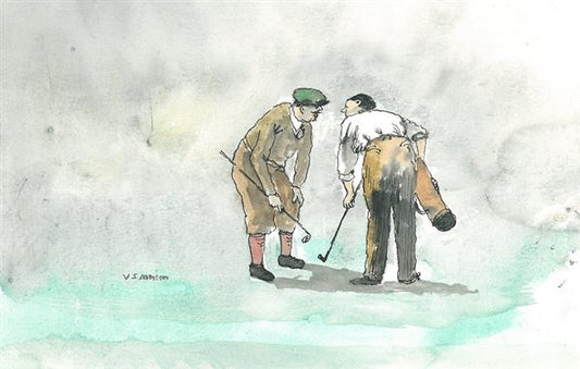 ORIGINAL WATERCOLOR BY V.S. ADDISON OF 2 EARLY GOLFERS IN COLOR DISCUSSING A RULES ISSUE