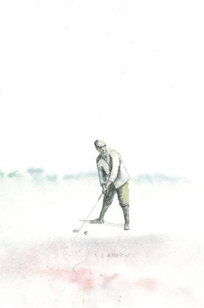 ORIGINAL WATERCOLOR BY V.S. ADDISON OF AN EARLY GOLFER SET TO DRIVE HIS BALL