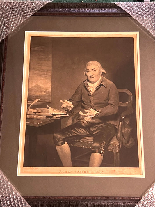 Second Oldest Print, Early Mezzotint of James Balfour, Esq.- 1796. Size 25" x 28.5" Framed