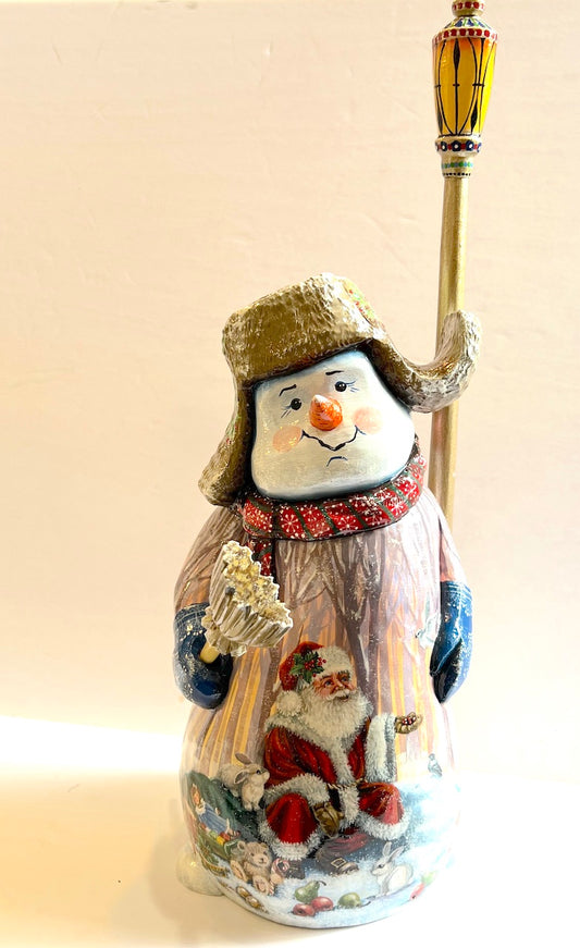 Hand Carved And Hand Painted Snowman From Solid Wood, Size 13" high