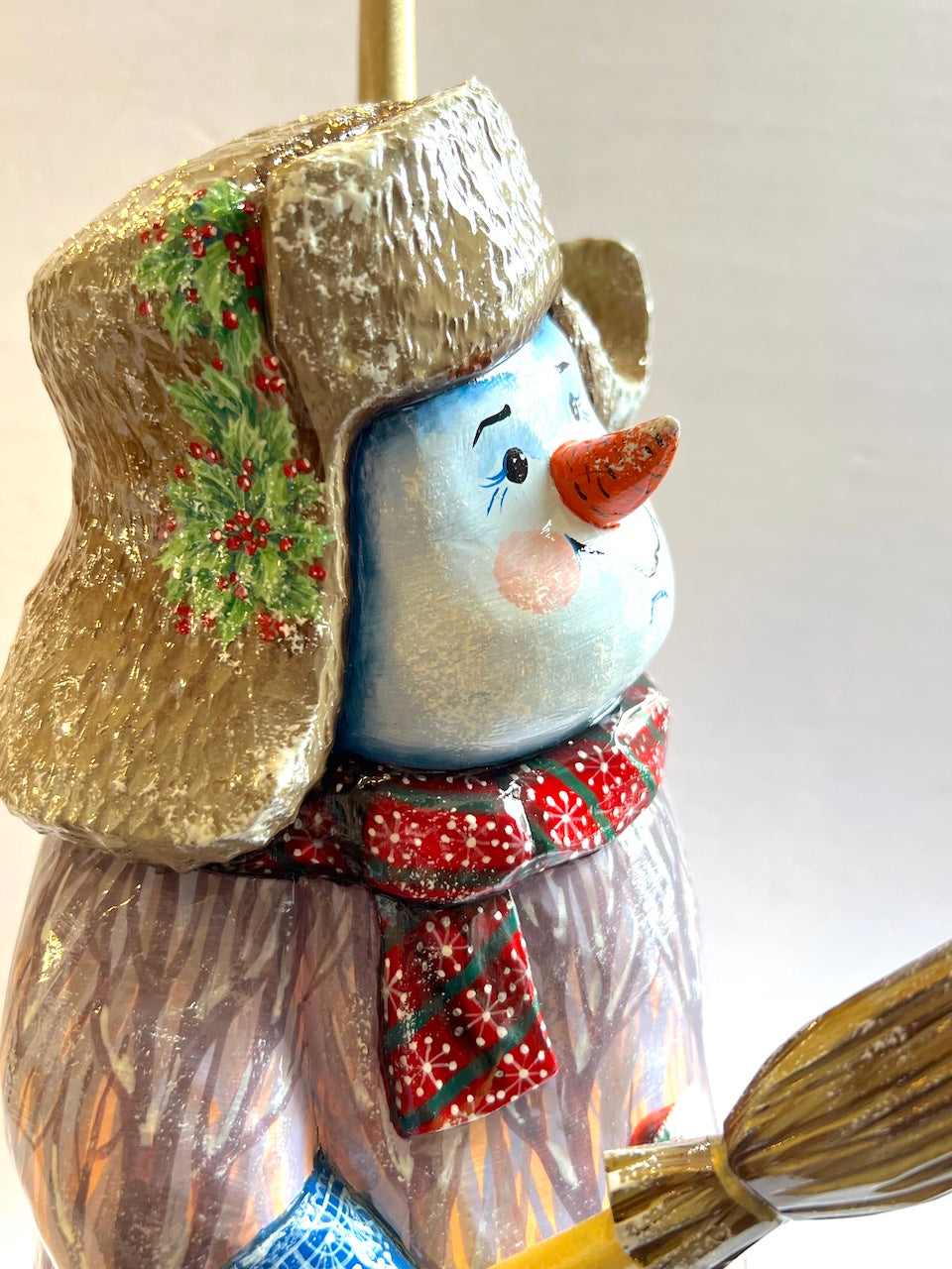 Hand Carved And Hand Painted Snowman From Solid Wood, Size 13" high