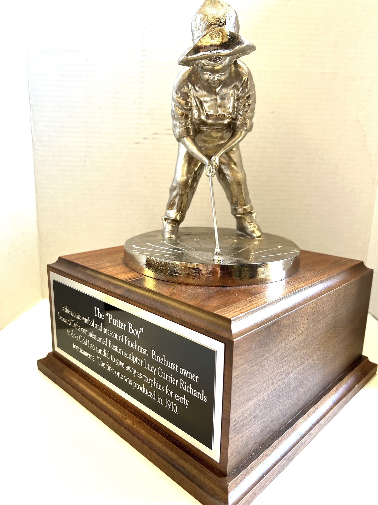 Rare Silver Tone Large Putter Boy Statue With Plate Describing Its History. 14" High