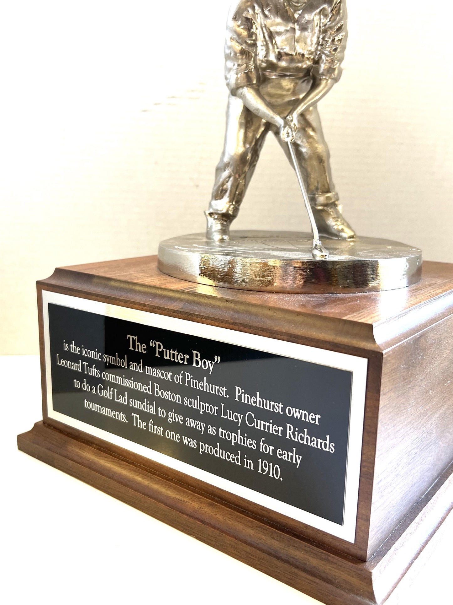 Rare Silver Tone Large Putter Boy Statue With Plate Describing Its History. 14" High