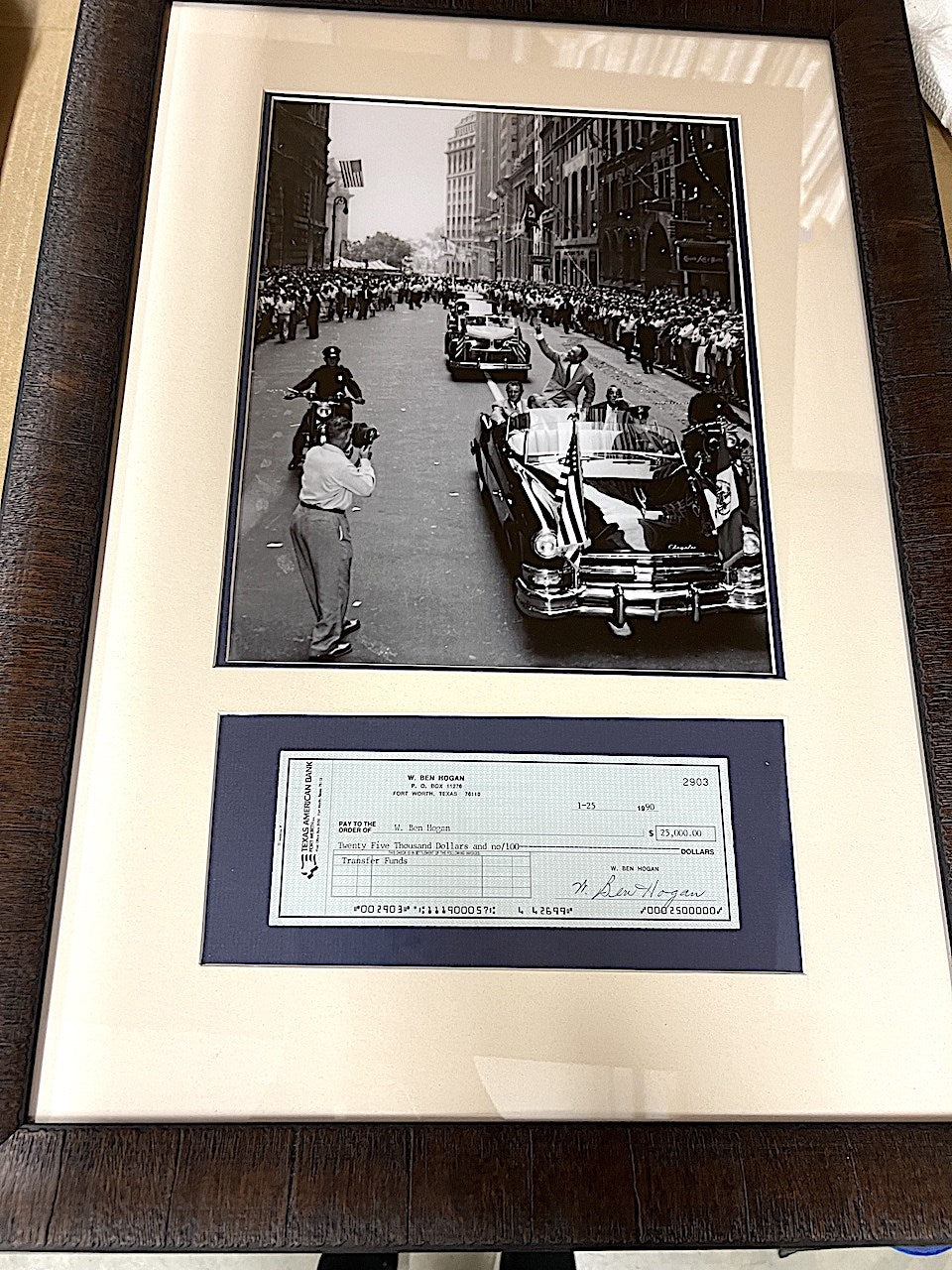 Ben Hogan Signed $25,000.00 Check Framed With His Photo At The Victory Parade in NYC 1953