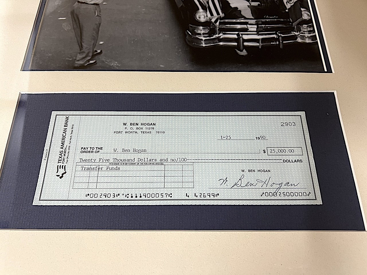 Ben Hogan Signed $25,000.00 Check Framed With His Photo At The Victory Parade in NYC 1953