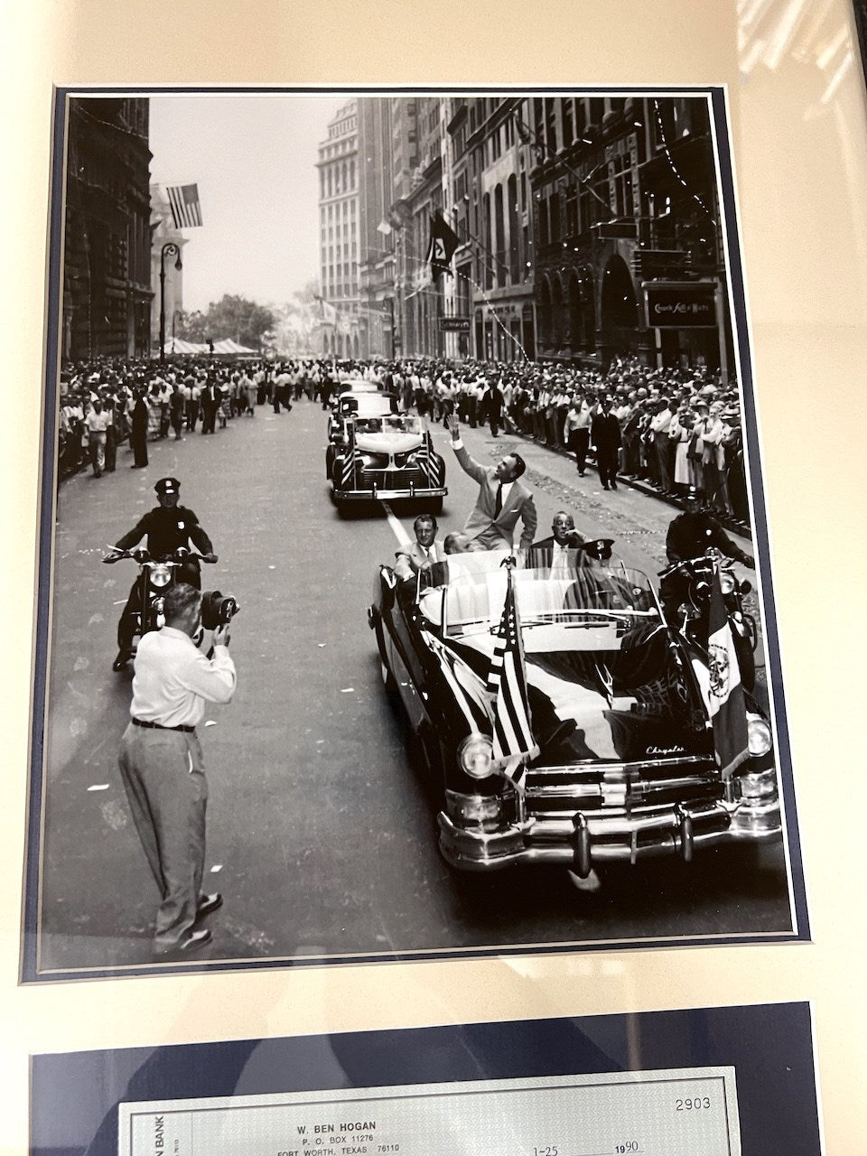 Ben Hogan Signed $25,000.00 Check Framed With His Photo At The Victory Parade in NYC 1953