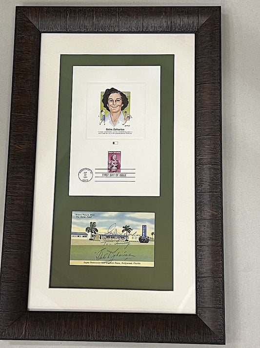 Signed By Babe D. Zaharias And Her Husband George Zaharias Postcard Framed With First Day Of Issue Commemorative Postage, Dated 1981, Pinehurst, N.C.