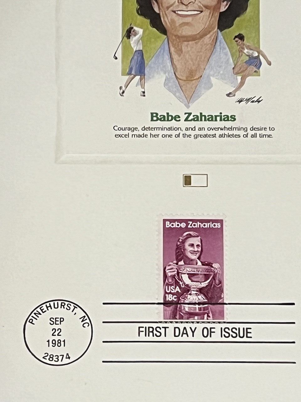 Signed By Babe D. Zaharias And Her Husband George Zaharias Postcard Framed With First Day Of Issue Commemorative Postage, Dated 1981, Pinehurst, N.C.