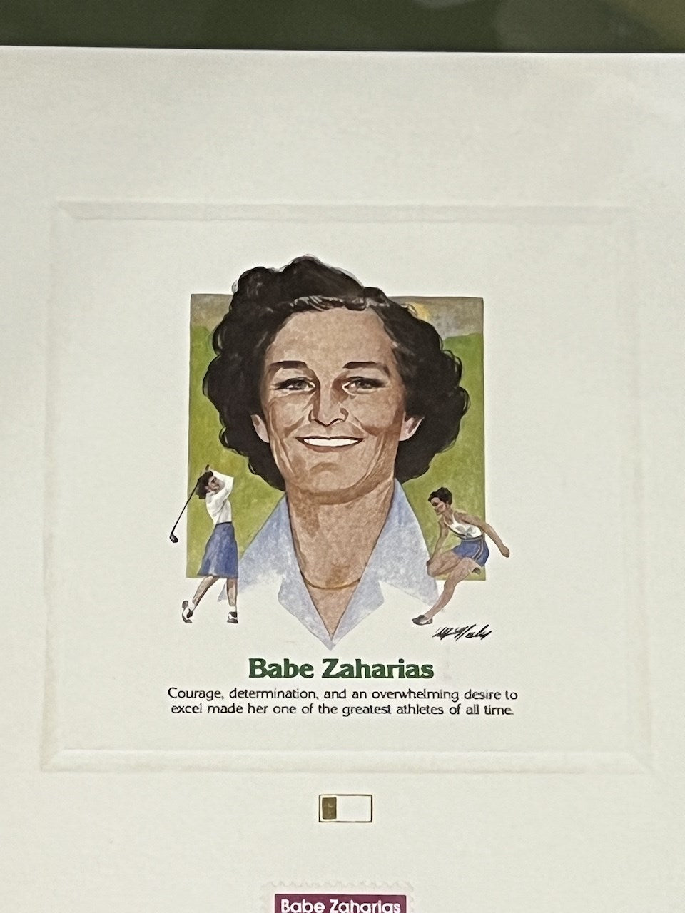 Signed By Babe D. Zaharias And Her Husband George Zaharias Postcard Framed With First Day Of Issue Commemorative Postage, Dated 1981, Pinehurst, N.C.